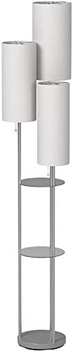 Adesso Trio Floor Lamp with Three Pull Chain Lights and Two-Tier Storage, Brushed Steel Base, White Linen Shades, 68” Tall, Enhances Room Decor and Lighting