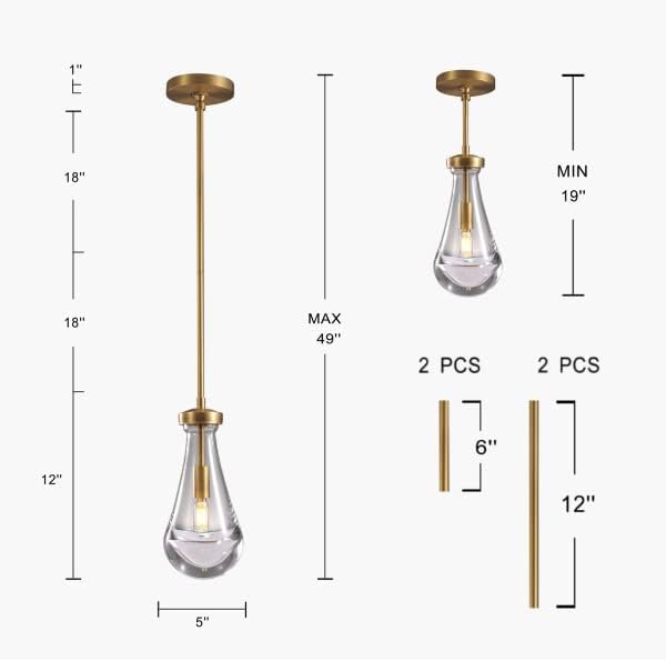 Modern Brass Rod Pendant Light Set of 2, Raindrop Pendant Lights Kitchen Island, Gold Pendant Light, Teardrop Interior pendant light in The Kitchen Island Living Room Bedroom Bathroom, Including Bulb