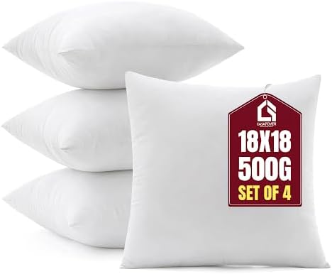 Throw Pillow Inserts, Set of 4 Lightweight Down Alternative Polyester Pillow, Couch Cushion, Sham Stuffer, Machine Washable. (White, 18x18)