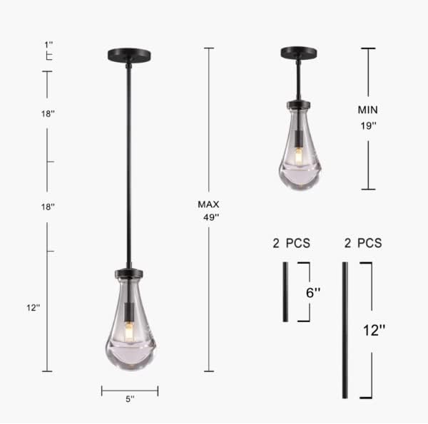 Black Pendant Light Fixtures, Glass Pendant Lights Kitchen Island, Raindrop Pendant Lighting, for Kitchen Island, Bedroom, Bathroom, Including Light Bulbs