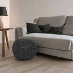 REDEARTH Round Pouf Foot Stool Ottoman - Cotton Hand Knitted Dori Pouffe - Cord Boho Home Décor - Stuffed Cable Poof for Living Room - Bedroom (19.5"x19.5"x14") - Dark Gray