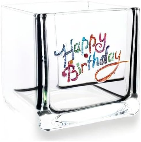 THE QUEENS' JEWELS Happy Birthday Jeweled 4x4 Candle Holder Vase - Unique Gift for Women, Birthday, Cute, Fun, Cocktail, Queen, Not Painted, Decorated, Bling, Bedazzled, Rhinestone