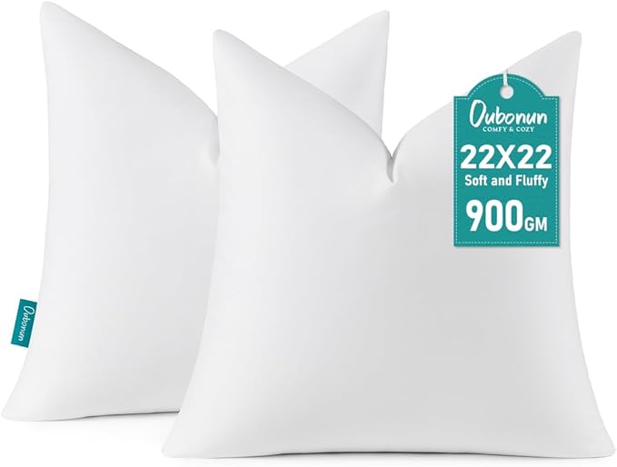 Oubonun 22 x 22 Down Feather Throw Pillow Inserts - Fluffy and Plush Odor-Free Fill - 100% Breathable Cotton Fabric for Couch Sofa Bed, White, Pack of 2