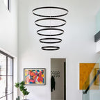 Modern LED Chandelier, 15.7"-31.4" Ring Chandelier, Black, High Ceiling, Foyer, Living Room