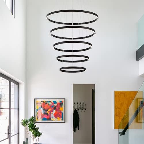 Modern LED Chandelier, 15.7"-31.4" Ring Chandelier, Black, High Ceiling, Foyer, Living Room