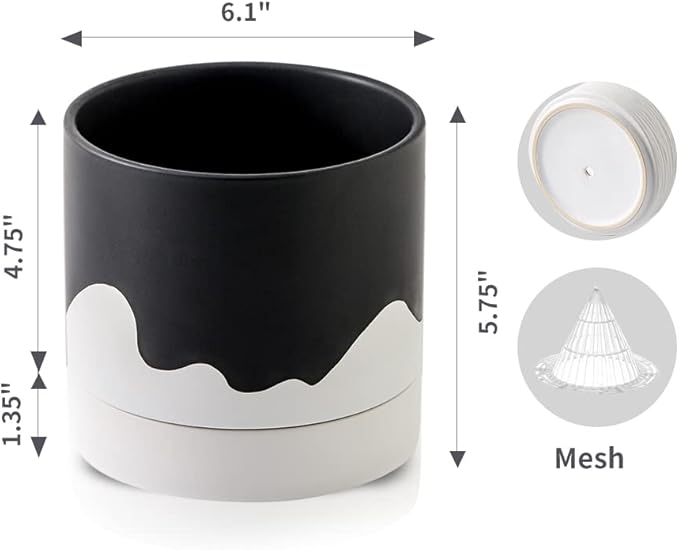 Nihow Ceramic Plant Pot: 6 Inch Planter with Drainage Hole & Saucer for Indoor & Outdoor Plants - Cylinder Round Flower Pot for Succulent/Herbs/Violets - Black & Wave White