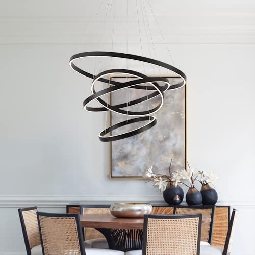 Large Modern Chandelier, 15.7"-31.4" Ring Chandelier LED Black Chandelier, 3000K High Ceiling Chandelier with 4 Ring, Large Chandeliers for High Ceiling Foyer Office