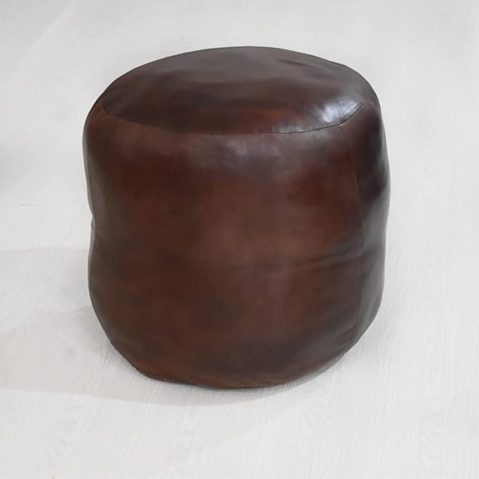 Round Shaped Goat Leather Handmade Eco-Friendly Brown Pouf - 18" x 18" x 18", Plain Solid, Recycled Cotton Filled Stuffed Leather Seating PF12