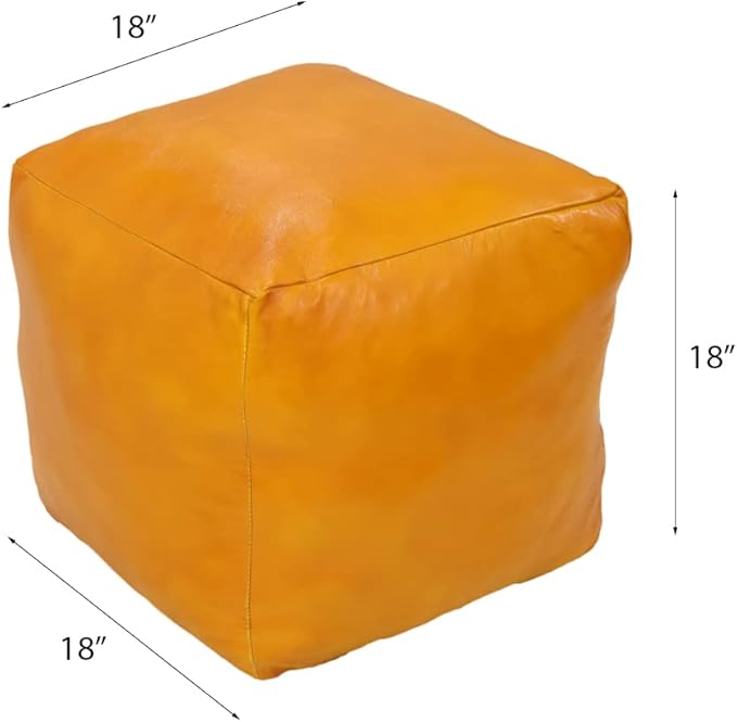 PF12 Square Goat Leather Handmade Eco-Friendly Mustard Pouf - 18" x 18" x 18", Plain Solid, Recycled Foam with Fibre Fill Stuffed