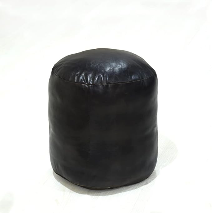 Round Shaped Goat Leather Handmade Eco-Friendly Chocolate Brown Pouf - Round Pouf, 16"x16"x16", Plain Solid Pouf, Goat Leather Pouf, Recycled Foam with Fibre Fill Stuffed Pouf, Seating Pouf PF12