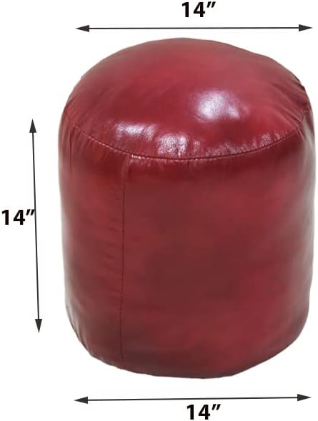 Round Shaped Goat Leather Handmade Eco-Friendly Dark Pink Pouf - Round Pouf, 14" x 14"x 14", Plain Solid Pouf, Goat Leather Pouf, Recycled Foam with Fibre Fill Stuffed Pouf, Leather Pouf PF12