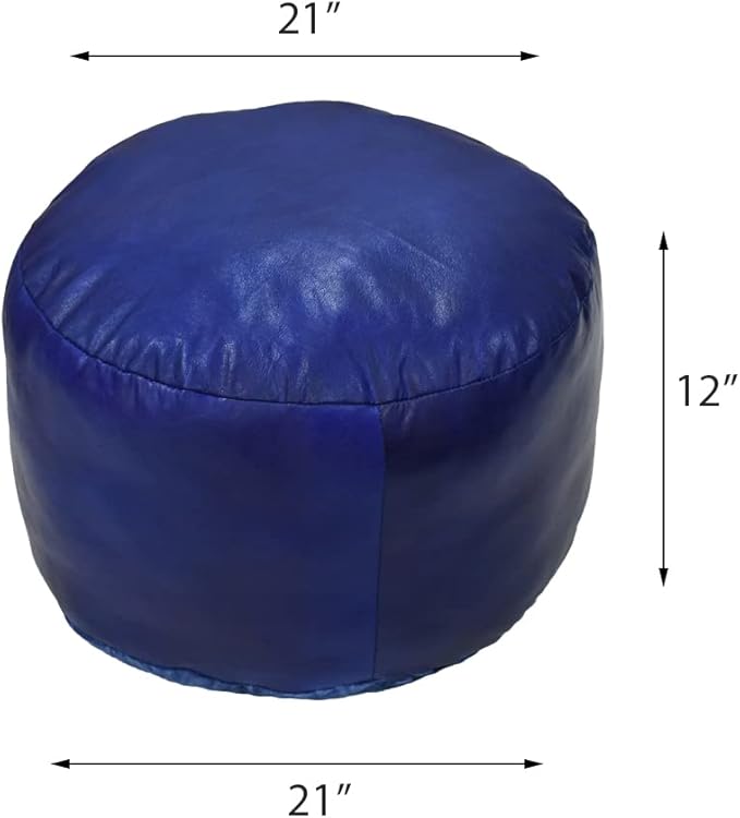 Round Shaped Goat Leather Handmade Eco-Friendly Blue Pouf - Round Shape Pouf, 14" x 14"x 14", Plain Solid Pouf, Goat Leather Pouf, Recycled Cotton Filled Stuffed Pouf, Leather Seating Pouf PF12