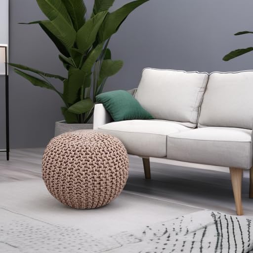 FRELISH DECOR Round Pouf Ottoman Hand Knitted 100% Cotton Pouf Foot Stool - Knitted Bean Bag - Floor Chair for Living Room Bedroom - Foot Rest for Couch (20 Diameter x 14 Height) - Taupe