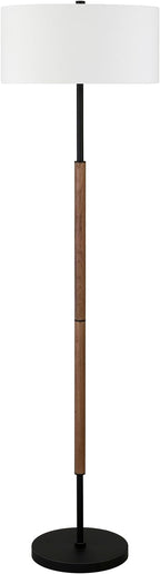 Henn&Hart 2-Light Floor Lamp with Fabric Shade in Blackened Bronze/Rustic Oak/White, Floor Lamp for Home Office, Bedroom, Living Room, 61" Tall
