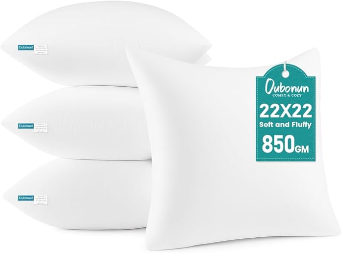 Oubonun 22 x 22 Throw Pillow Inserts - Soft, Plush & Decorative Down Alternative Pillows for Couch Sofa Bed, Machine Washable - White, Pack of 4