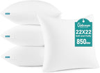 Oubonun 22 x 22 Throw Pillow Inserts - Soft, Plush & Decorative Down Alternative Pillows for Couch Sofa Bed, Machine Washable - White, Pack of 4
