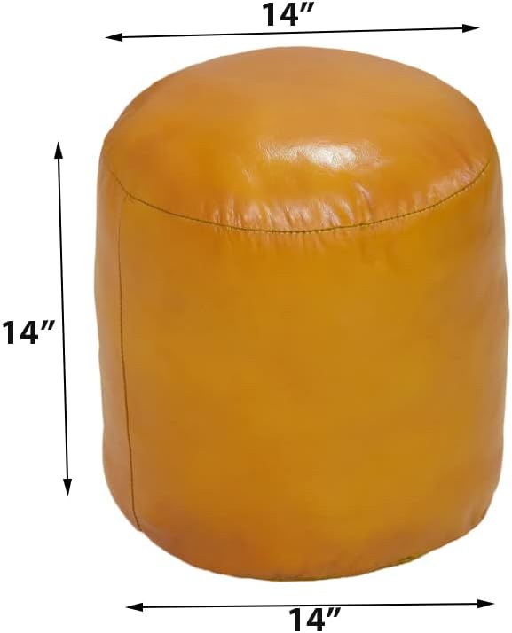 PF12 Goat Leather Handmade Eco-Friendly Mustard Pouf - 14" x 14" x 14", Solid Pouf, Recycled Foam with Fibre Fill Stuffed