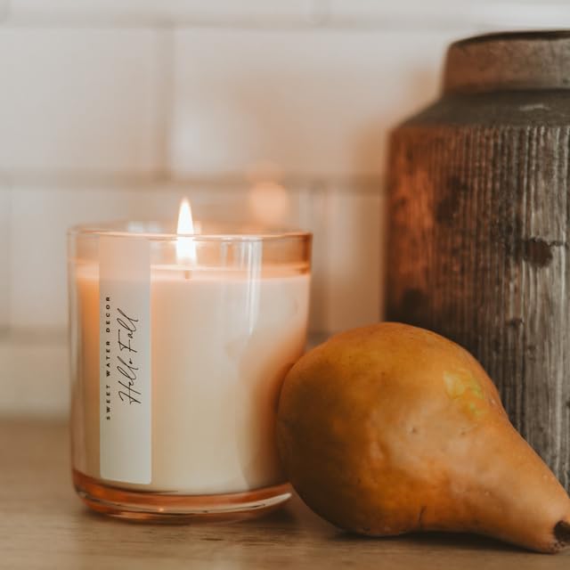Sweet Water Decor Hello Fall Candle, 12oz Sandstone Glass Jar, Autumn Scented Notes of Cider, Cinnamon Cloves, & Nutmeg, 50+ Hour Burn Time, Non-Toxic Soy Wax Blend, Poured in The USA, Cotton Wick