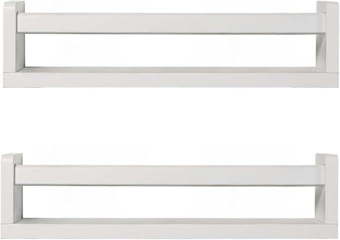 Nursery Book Shelves | Set of 2 Wood Floating Shelves for Kids Room, Kitchen Spice Rack, or Rustic Wall Mounted | Farmhouse Bathroom Décor (White)