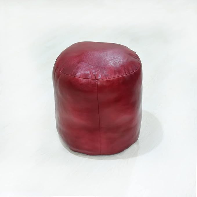 Round Shaped Goat Leather Handmade Eco-Friendly Dark Pink Pouf - 18" x 18" x 18", Plain Solid, Recycled Foam With Fibre Fill Stuffed, PF12