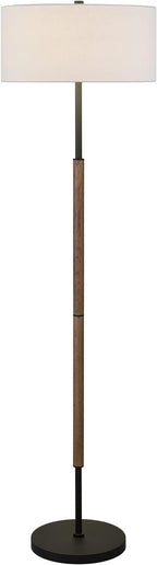 Henn&Hart 2-Light Floor Lamp with Fabric Shade in Blackened Bronze/Rustic Oak/White, Floor Lamp for Home Office, Bedroom, Living Room, 61" Tall