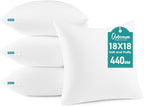 Oubonun 18 x 18 Throw Pillow Inserts - Soft, Plush & Decorative Down Alternative Pillows for Couch Sofa Bed, Machine Washable - White, Pack of 4