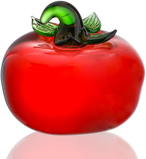 Hand Blown Glass Red Tomato Figurine Crystal Fruit Collectible Figurines Art Glass Miniature Ornament Tabletop Desk Paperweight for Women