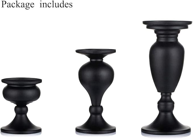 Sziqiqi Metallic Pillar Candleholder Set for Candle Centerpieces, Table Mantel Fireplace Decoration Set of 3 Gourd-Shaped Design Black