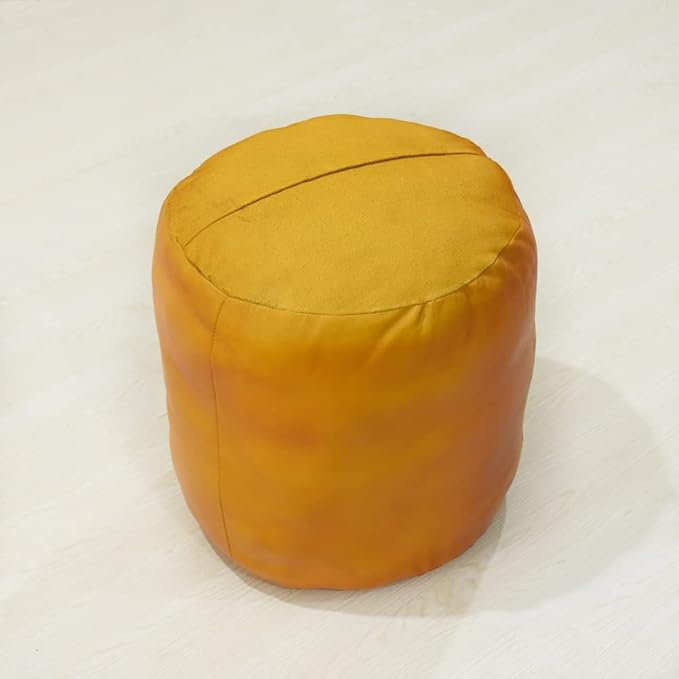 PF12: Round Shaped Goat Leather Handmade Eco-Friendly Mustard Pouf - 16" x 16" x 16", Plain Solid, Recycled Foam with Fibre Fill Stuffed Seating Pouf