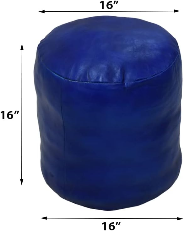 Round Shaped Goat Leather Handmade Eco-Friendly Blue Pouf - 16" x 16" x 16", Plain Solid, Recycled Foam With Fibre Fill Stuffed, Leather Seating PF12