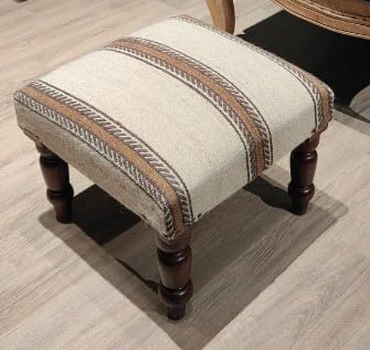Handmade Jute Soft Ottomans Square Shape Stool for Sitting and Foot Rest with Wooden Legs, Entryway Modern Stool for Living Room, Bedroom (White Wool, L 15.74 x W 15.74 x H 14 inch)