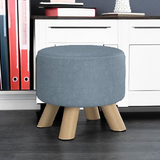 Asense Small Round Ottoman Foot Rest Stool Fabric Padded Seat Footstool Ottoman with Anti-Slip Wooden Legs (Light Blue,Fabric)
