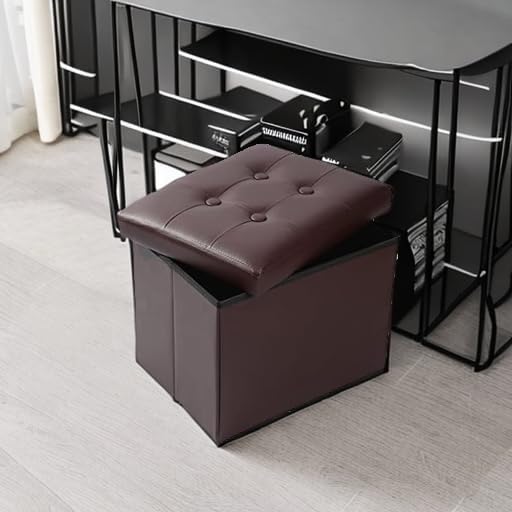 ALASDO Brown Leather Storage Ottoman Footrest Stool, 17x13x13inches, Modern Style