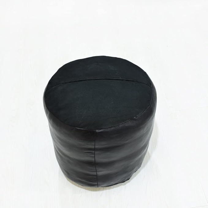 Round Shaped Goat Leather Handmade Eco-Friendly Black Pouf - 16"x16"x16", Plain Solid, Recycled Foam With Fibre Fill Stuffed, Leather Seating PF12