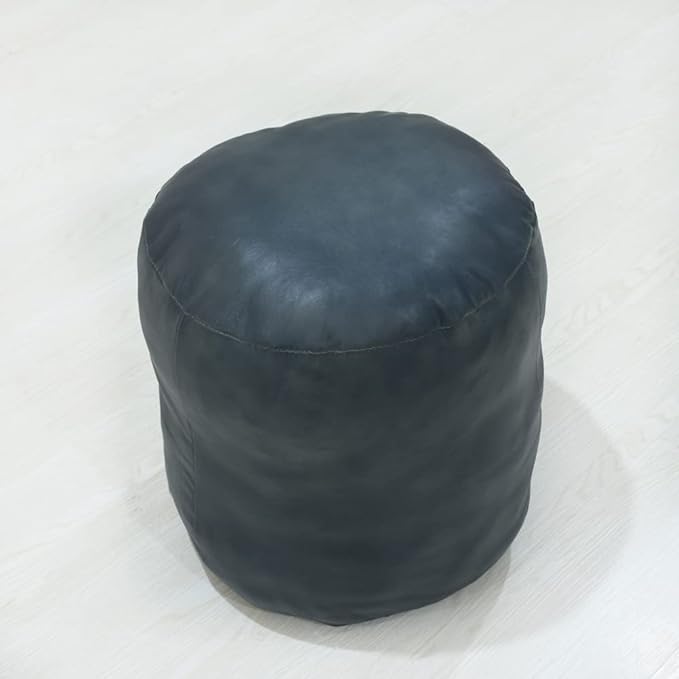 Round Shaped Goat Leather Handmade Eco-Friendly Gray Pouf - 18" x 18" x 18", Plain Solid, Recycled Cotton Filled Stuffed Leather Seating PF12