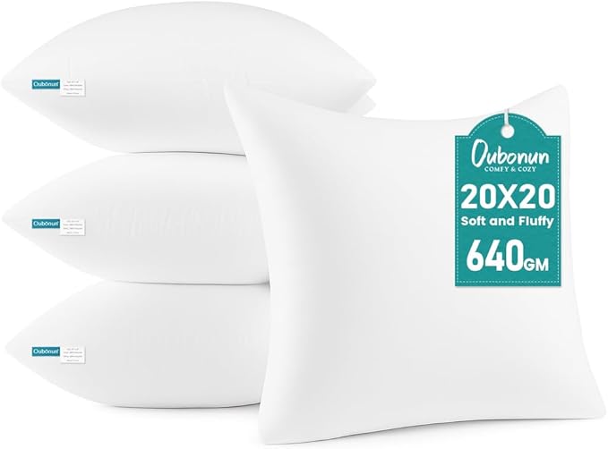 Oubonun 20 x 20 Throw Pillow Inserts - Soft, Plush & Decorative Down Alternative Pillows for Couch Sofa Bed, Machine Washable - White, Pack of 4