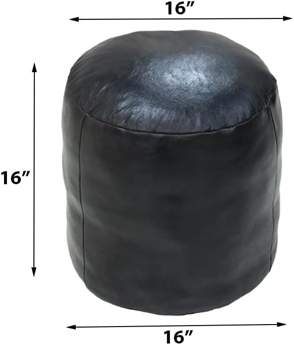 Round Shaped Goat Leather Handmade Eco-Friendly Black Pouf - 16"x16"x16", Plain Solid, Recycled Foam With Fibre Fill Stuffed, Leather Seating PF12