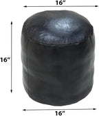 Round Shaped Goat Leather Handmade Eco-Friendly Black Pouf - 16"x16"x16", Plain Solid, Recycled Foam With Fibre Fill Stuffed, Leather Seating PF12