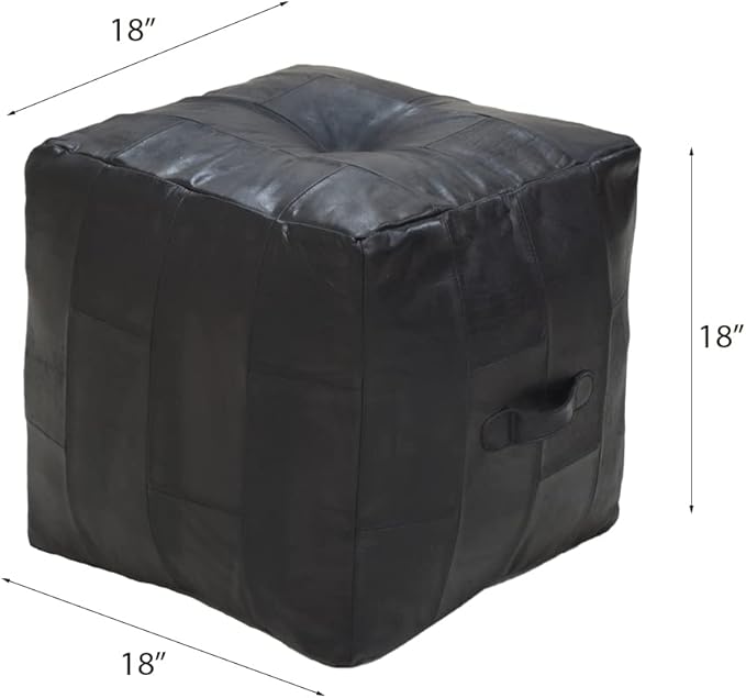 Square Shaped Buffalo Leather Handmade Eco-Friendly Black Pouf - Square Pouf, 18" x 18" x 18", Geometric Pouf, Buffalo Leather Pouf, Recycled Foam with Fibre Fill Stuffed Pouf, Seating Pouf PF25