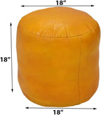PF12: Round Shaped Goat Leather Handmade Eco-Friendly Mustard Pouf - 18" x 18" x 18", Plain Solid, Recycled Foam with Fibre Fill Stuffed Seating Pouf