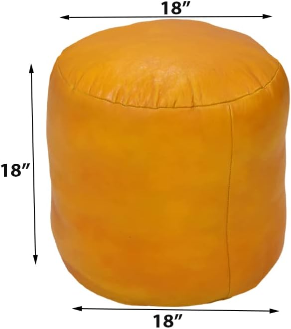PF12: Round Shaped Goat Leather Handmade Eco-Friendly Mustard Pouf - 18" x 18" x 18", Plain Solid, Recycled Foam with Fibre Fill Stuffed Seating Pouf