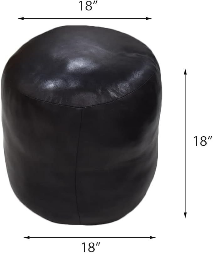 PF12 Goat Leather Handmade Eco-Friendly Black Pouf - Round Shape, 18" x 18" x 18", Plain Solid, Recycled Cotton Filled