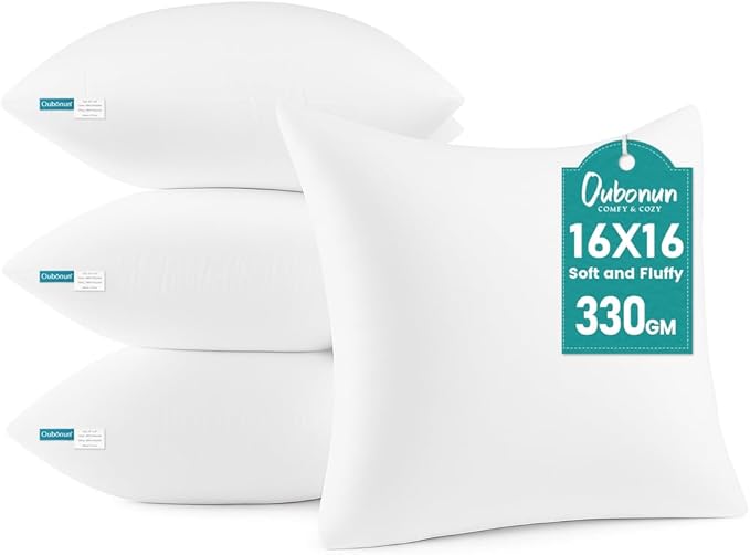 Oubonun 16 x 16 Throw Pillow Inserts - Soft, Plush & Decorative Down Alternative Pillows for Couch Sofa Bed, Machine Washable - White, Pack of 4
