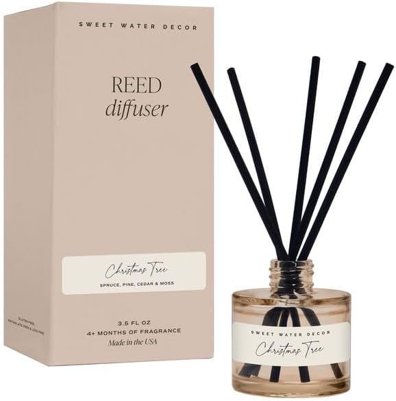 Sweet Water Decor Christmas Tree Reed Diffuser Set - Spruce, Pine Needles, Cedar, and Moss Scented Diffusers - Scent Diffusers for Home, Long Lasting Fragrance, Made in The USA