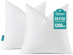 Oubonun 26 x 26 Down Feather Throw Pillow Inserts - Fluffy and Plush Odor-Free Euro Pillows - 100% Breathable Cotton Fabric for Couch Sofa Bed, White, Pack of 2