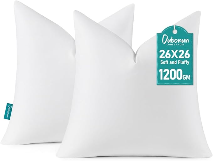 Oubonun 26 x 26 Down Feather Throw Pillow Inserts - Fluffy and Plush Odor-Free Euro Pillows - 100% Breathable Cotton Fabric for Couch Sofa Bed, White, Pack of 2