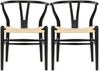 Wishbone Chair Natural Solid Wood Dining Chair/Hans Wegner Y Chair Rattan and Wood Accent Armrest Chairs Set of 2 (Ash Wood - Black + Natural Cord)