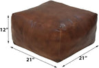 Square Shaped Goat Leather Handmade Eco-Friendly Brown Pouf - 21" x 21" x 12", Plain Solid, Recycled Foam with Fibre Fill Stuffed, Seating Pouf PF12
