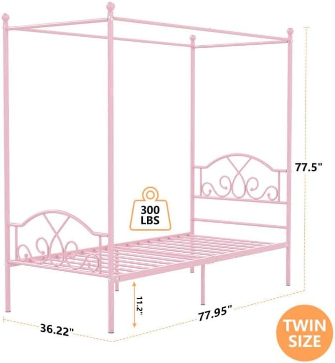 Weehom Princess Canopy Bed Frame with 4 Posters, Sturdy Metal Platform Mattress Foundation with Headboard&Footboard No Box Spring Needed Twin Size Bed for Kids Girls Adults Pink
