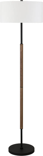 Henn&Hart 2-Light Floor Lamp with Fabric Shade in Blackened Bronze/Rustic Oak/White, Floor Lamp for Home Office, Bedroom, Living Room, 61" Tall
